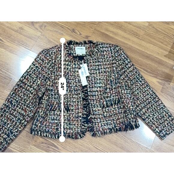 L'AGENCE Angelina Gold black Tweed Plaid Jacket fringe trim size 18 - Picture 5 of 16